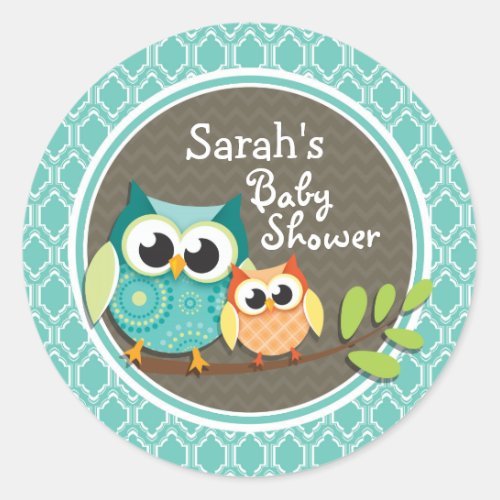 Aqua Turquoise Retro Owls Baby Shower Classic Round Sticker