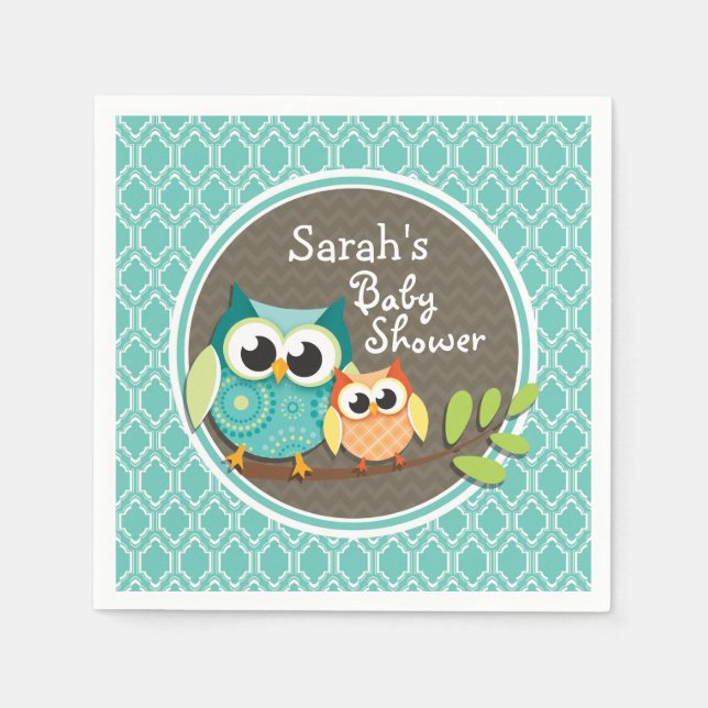 Aqua Turquoise Retro Owls Baby Shower Paper Napkins (Front)