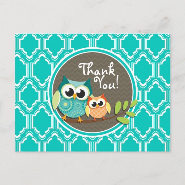 Aqua Turquoise Retro Owls Baby Shower Postcard (Front)