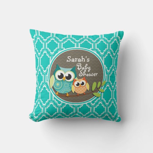 Aqua Turquoise Retro Owls Baby Shower Throw Pillow