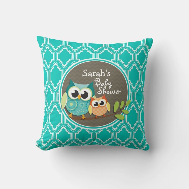 Aqua Turquoise Retro Owls Baby Shower Throw Pillow (Front)