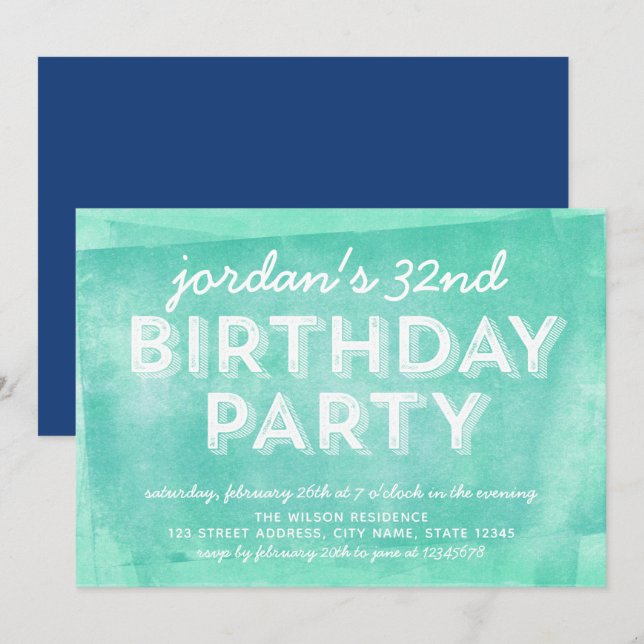 Aqua Turquoise Rolled Ink Any Age Birthday Invitation (Front/Back)