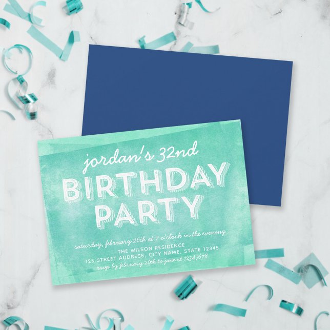 Aqua Turquoise Rolled Ink Any Age Birthday Invitation (Creator Uploaded)