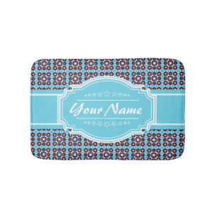 Aqua Turquoise Squares Pattern Personalized Bathroom Mat
