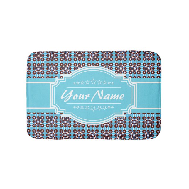 Aqua Turquoise Squares Pattern Personalized Bathroom Mat (Front)