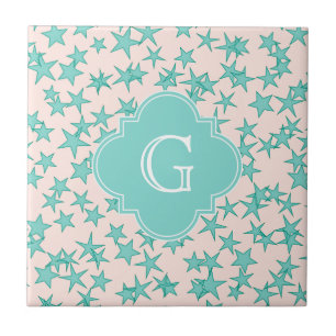 Aqua Turquoise Stars White Background Monogram Ceramic Tile