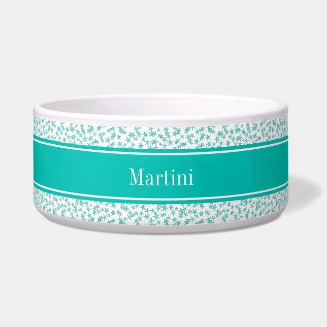Aqua Turquoise Stars White BG, Teal Name Monogram Bowl (Front)