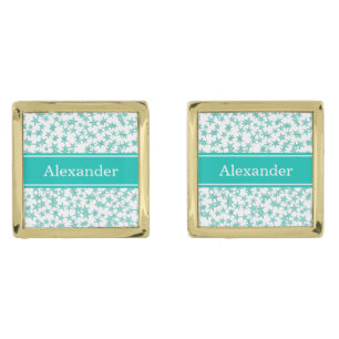 Aqua Turquoise Stars White BG, Teal Name Monogram Gold Cufflinks