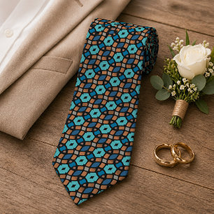 Aqua Turquoise Teal Blue Brown Black Tribal Art Neck Tie