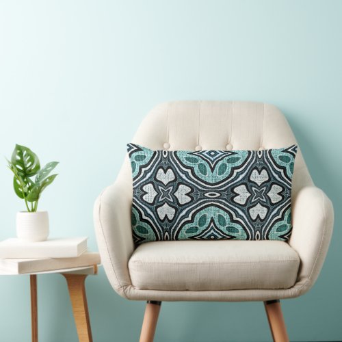 Aqua Turquoise Teal Blue Green Bohemian Tribal Art Lumbar Pillow