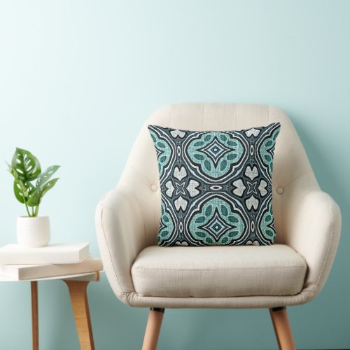 Aqua Turquoise Teal Blue Green Bohemian Tribal Art Throw Pillow