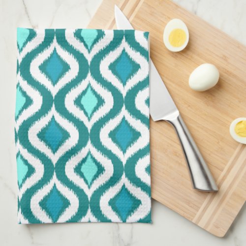 Aqua Turquoise Teal Blue Green Ikat Art Pattern Kitchen Towel