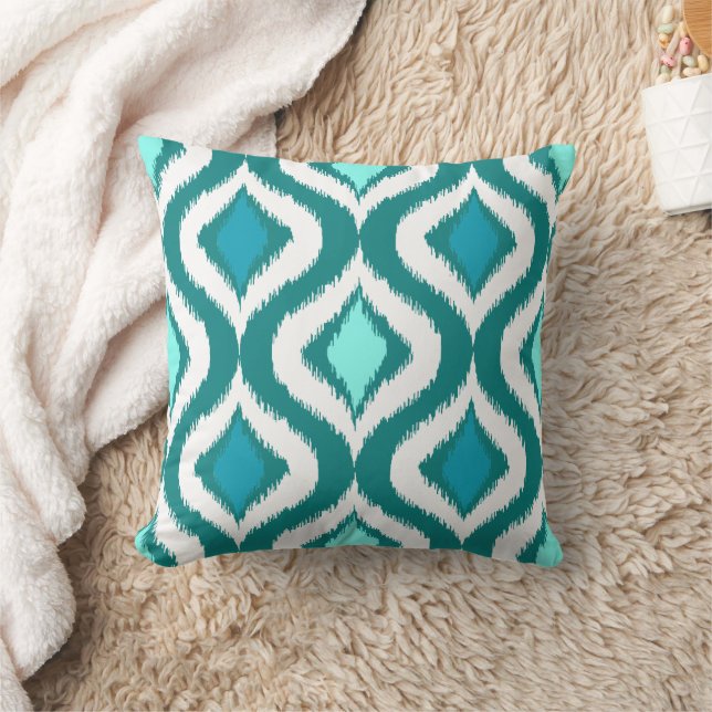 Aqua Turquoise Teal Blue Green Ikat Art Pattern Throw Pillow (Blanket)