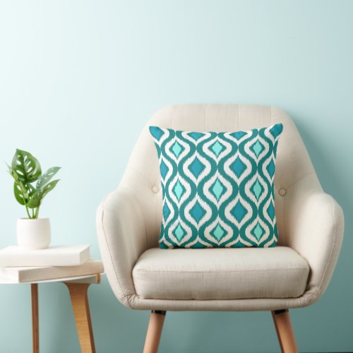 Aqua Turquoise Teal Blue Green Ikat Art Pattern Throw Pillow