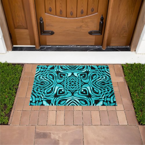 Aqua Turquoise Teal Blue Hip Orient Tribal Art Doormat