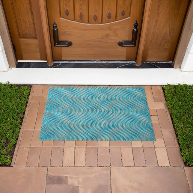 Aqua Turquoise Teal Blue Taupe Curved Lines Art Doormat (Outdoor)