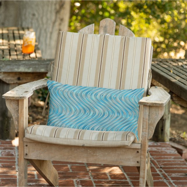 Aqua Turquoise Teal Blue Taupe Curved Lines Art Lumbar Pillow (Chair)