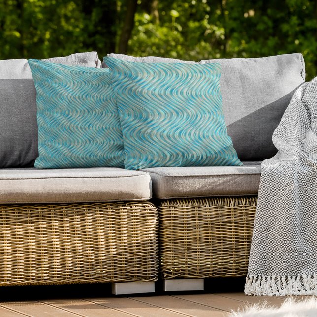 Aqua Turquoise Teal Blue Taupe Curved Lines Art Outdoor Pillow (Creator Uploaded)