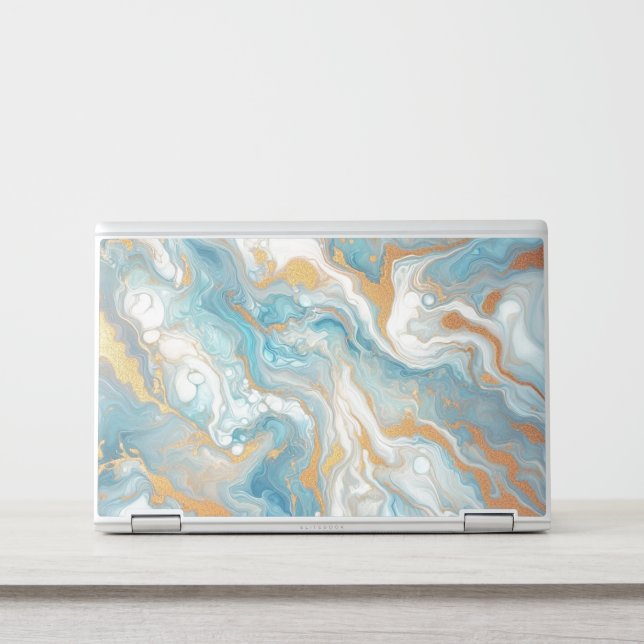 Aqua Turquoise Teal Blue White Gold Marble Pattern HP Laptop Skin (Front)
