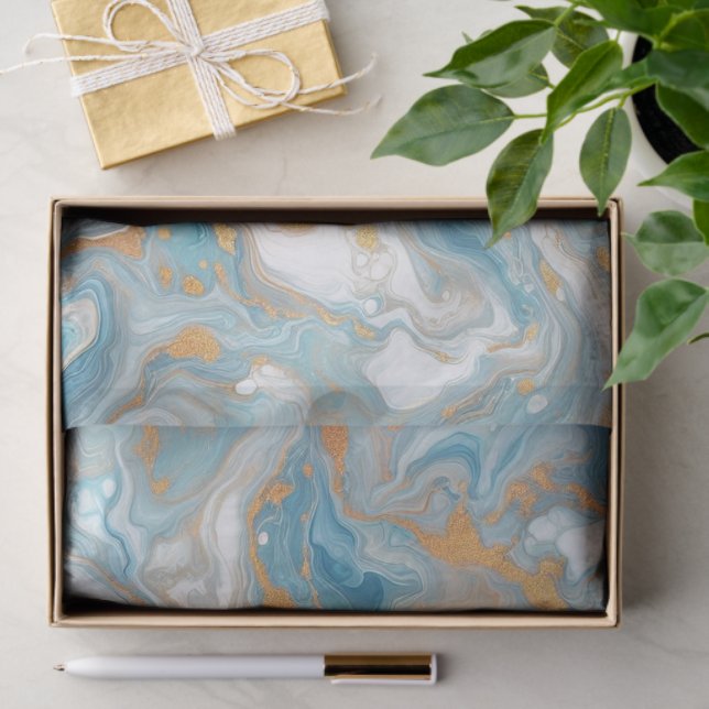 Aqua Turquoise Teal Blue White Gold Marble Pattern Tissue Paper (Gift)