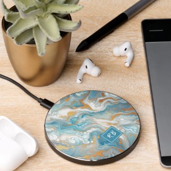 Aqua Turquoise Teal Blue White Gold Marble Pattern Wireless Charger by CaseConceptCreations at Zazzle
