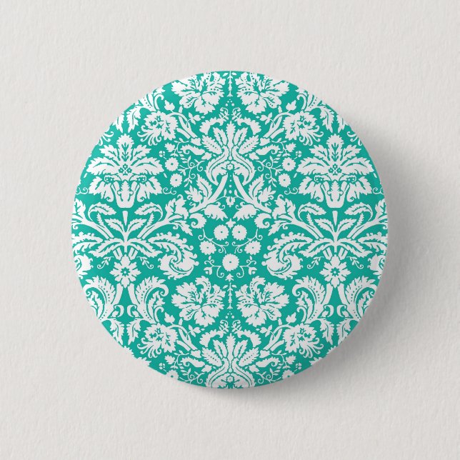 Aqua Turquoise Teal damask pattern Button (Front)