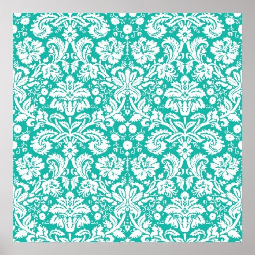 Aqua Turquoise Teal damask pattern Poster