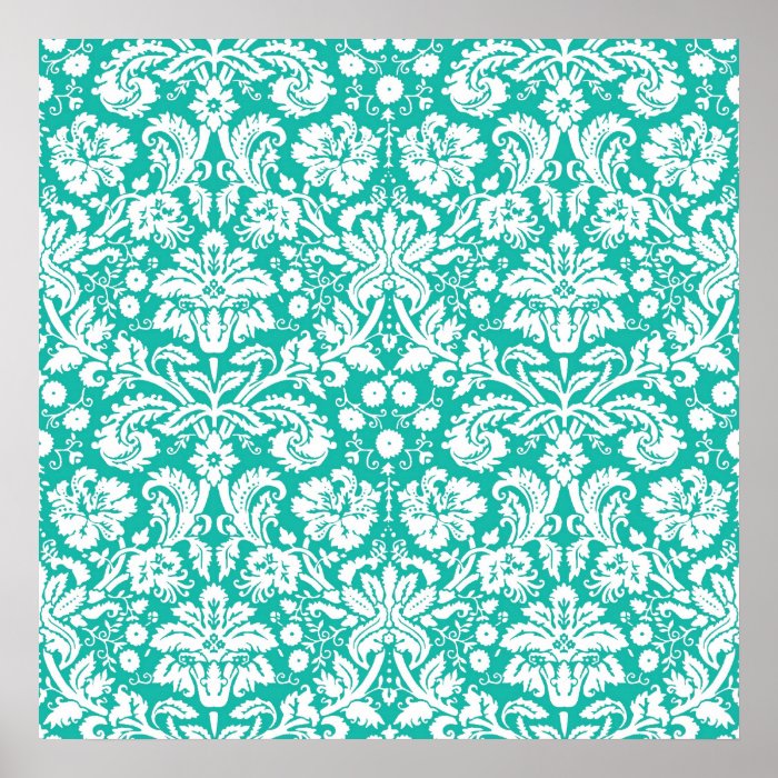 Aqua Turquoise Teal damask pattern Posters