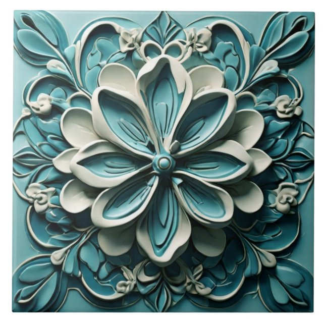 Aqua Turquoise Teal Faux Relief Floral Flower Ceramic Tile (Front)