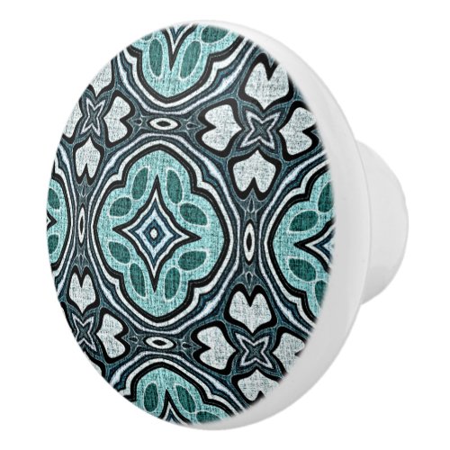 Aqua Turquoise Teal Gray Blue Ethnic Tribe Art Ceramic Knob