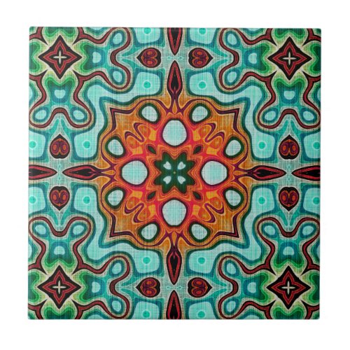 Aqua Turquoise Teal Orange Brown Ethnic Tribe Art Ceramic Tile