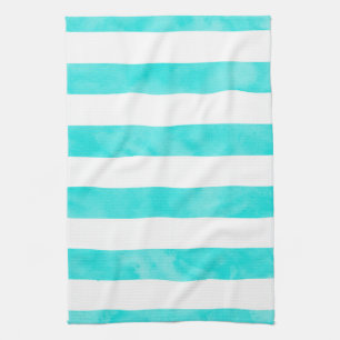 Aqua Turquoise Watercolor Stripes Kitchen Towel