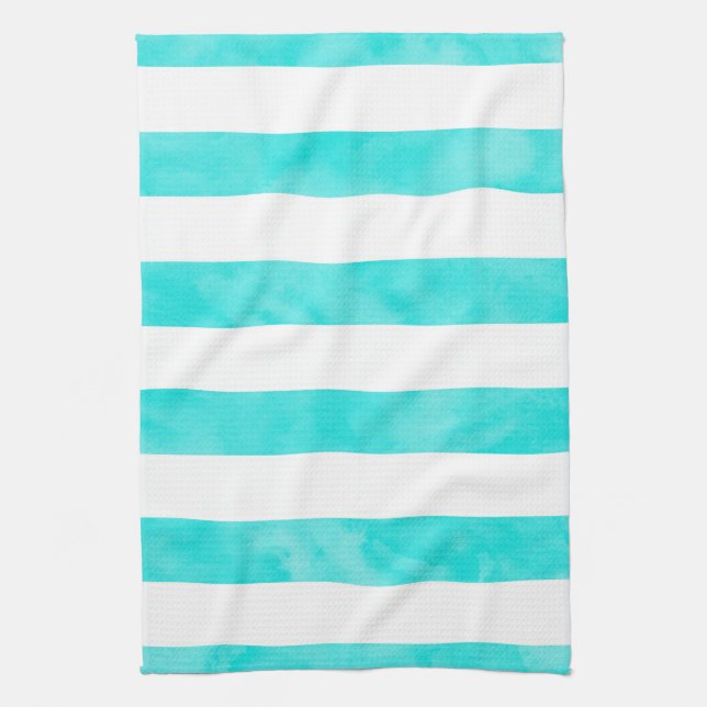 Aqua Turquoise Watercolor Stripes Kitchen Towel (Vertical)