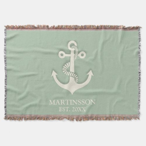 Aqua Turquoise White Anchor Name Date Nautical   Throw Blanket