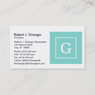 Aqua Turquoise White Framed Initial Monogram Business Card