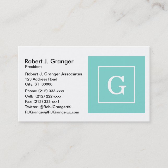 Aqua Turquoise White Framed Initial Monogram Business Card (Front)