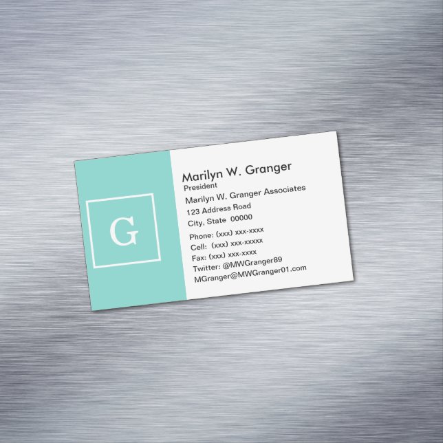 Aqua Turquoise White Framed Initial Monogram Business Card Magnet (In Situ)