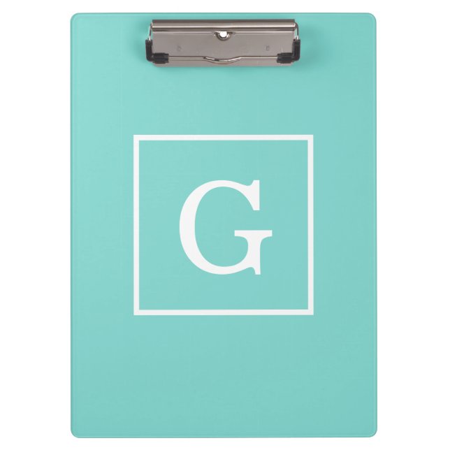 Aqua Turquoise White Framed Initial Monogram Clipboard (Front)