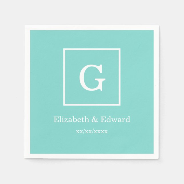 Aqua Turquoise White Framed Initial Monogram Paper Napkins (Front)