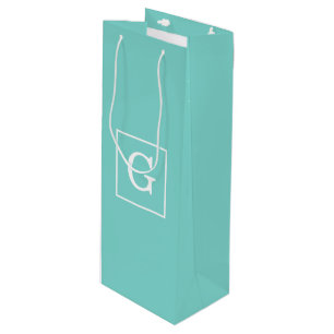 Aqua Turquoise White Framed Initial Monogram Wine Gift Bag