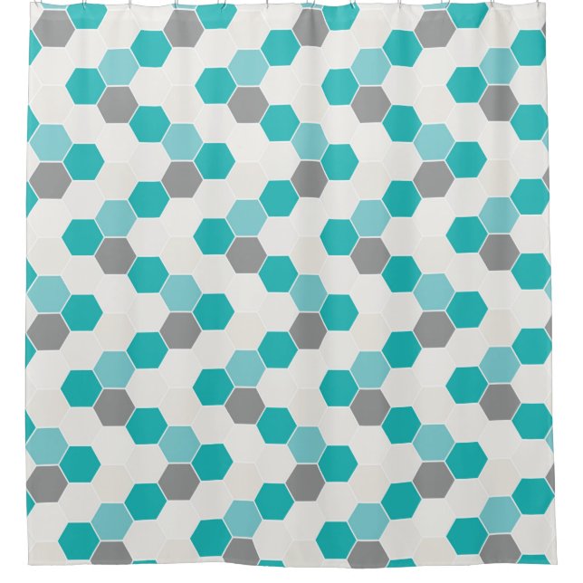 Aqua Turquoise White Gray Honeycomb Pattern Shower Curtain (Front)