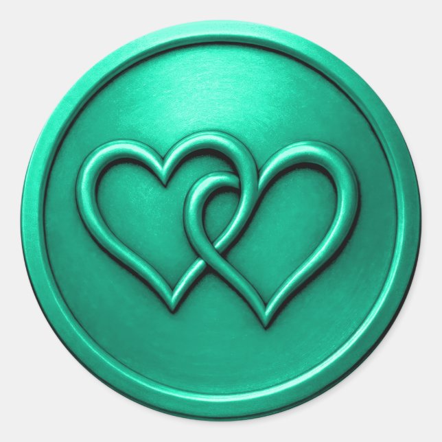 Aqua Two Hearts Intertwined Wedding Classic Round Sticker (Front)