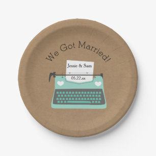Aqua Typewriter Customized Wedding Paper Plates