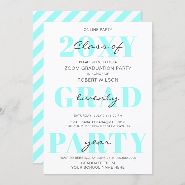 Aqua Typography Modern Online Graduation Party  Invitation (Front/Back)