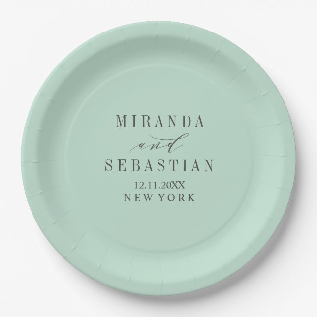 Aqua typography monogram wedding paper plates (Front)