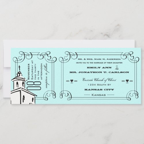 Aqua Typography Quote Chapel Ticket Wedding Invitation