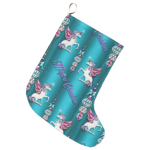 Aqua Unicorns Magical Christmas Large Christmas Stocking