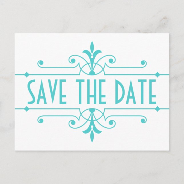 Aqua v2 Fancy Ornamental Save the Date Postcard (Front)