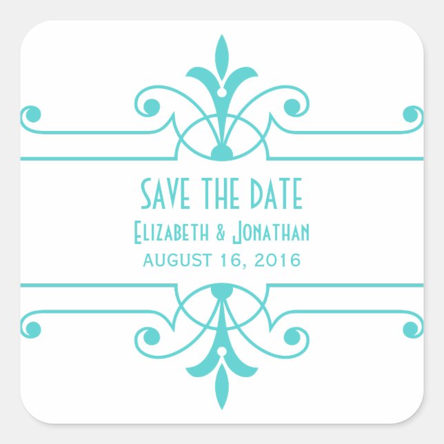 Aqua v2 Fancy Ornamental Save the Date Stickers (Front)