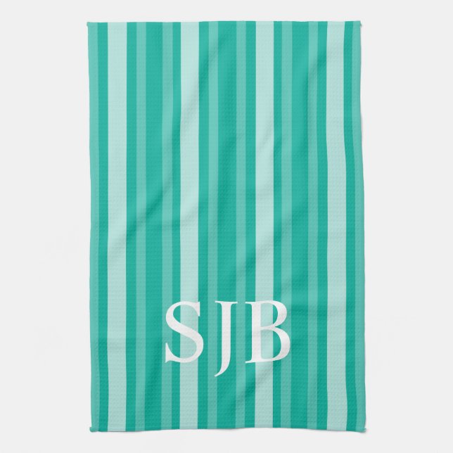 Aqua Victorian Stripe with Monogram Kitchen Towel (Vertical)